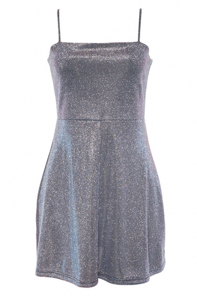 Plain Silver Glitter Fashion Cutout Front Night Club Mini A-Line Slip Dress