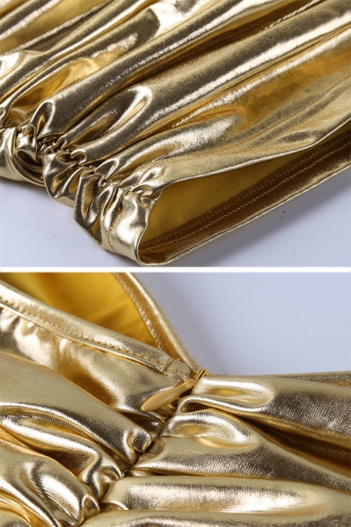 Ladies Sexy Fashion Gold Metallic Ruched Strapless Midi Bodycon Bandeau Dress for Nightclub