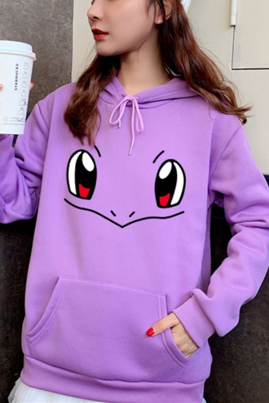 Lovely Cartoon Face Print Long Sleeve Pouch Pocket Drawstring Hoodie for Girls