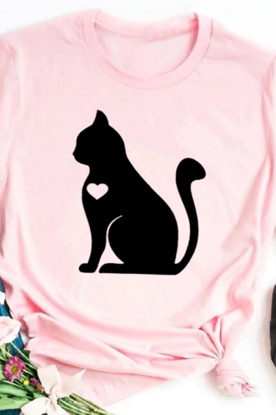 Lovely Heart Cat Printed Curved Short Sleeve Loose Fit Casual T-Shirt for Women