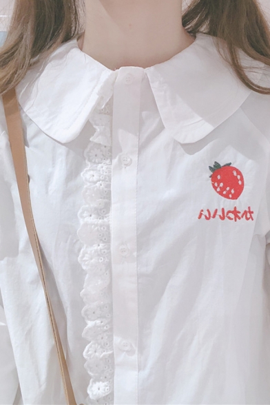Lovely Strawberry Embroidery Peter Pan Collar Lantern Long Sleeve White Blouse Shirt