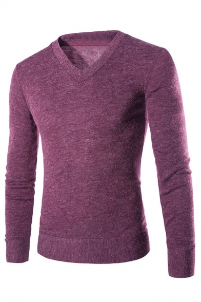 Mens Casual Plain Long Sleeve V Neck Rabbit Plush Knit Pullover Fitted Sweater