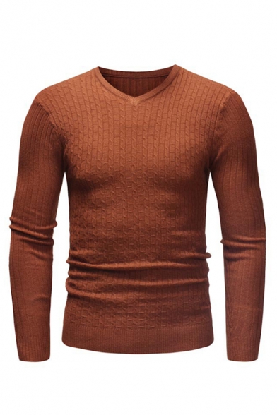 Mens Casual V-neck Long Sleeve Slim Fit Solid Color Outdoor Pullover Thin Knitted Sweater