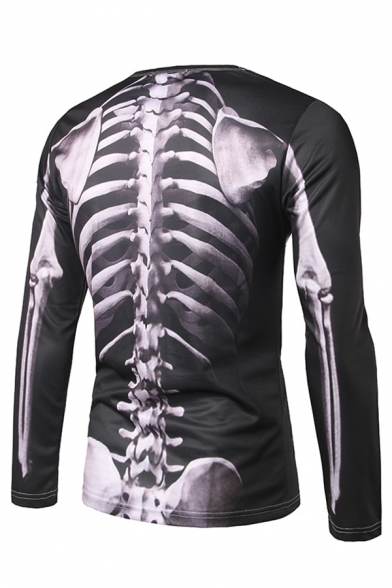 Mens Cool Perspective Skeleton 3D Printed Long Sleeve Crew Neck Black Slim T-Shirt