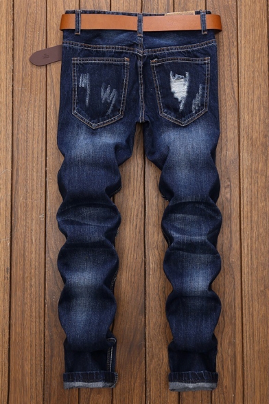 Mens Cool Ripped Embroidered Applique Mid-Waist Dark Blue Straight Jeans