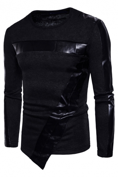 Mens Cool Solid Color PU Leather Panel Long Sleeve Round Neck Asymmetric Sweater