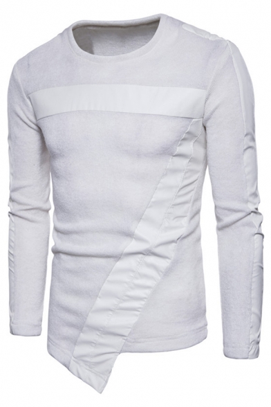 Mens Cool Solid Color PU Leather Panel Long Sleeve Round Neck Asymmetric Sweater