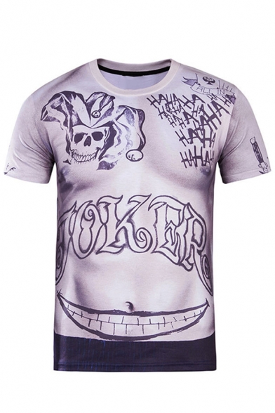 Mens Creative Letter JOKER Skull Printed Short Sleeve Crew Neck Light Purple T-Shirt