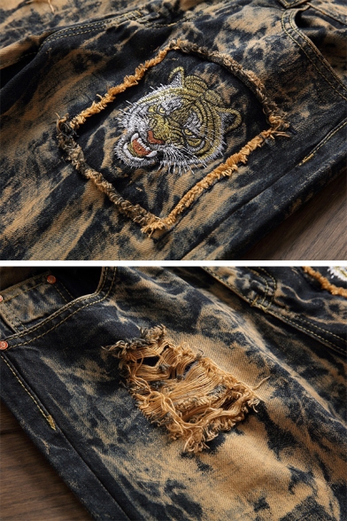Mens Designer Tiger Embroidery Tie Dye Print Ripped Raw Edge Straight-Leg Jeans
