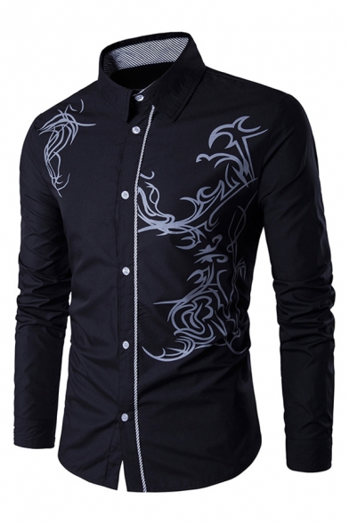 Mens New Fashion Dragon Print Stripes Panel Long Sleeve Button Up Slim Fit Shirt