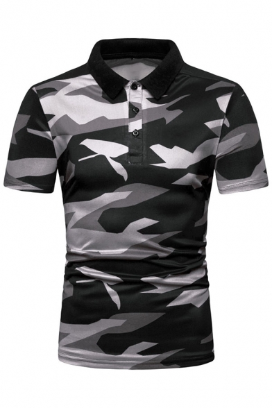 Mens Popular Camouflage Print Short Sleeve Lapel Collar Fitted Summer Polo Shirt