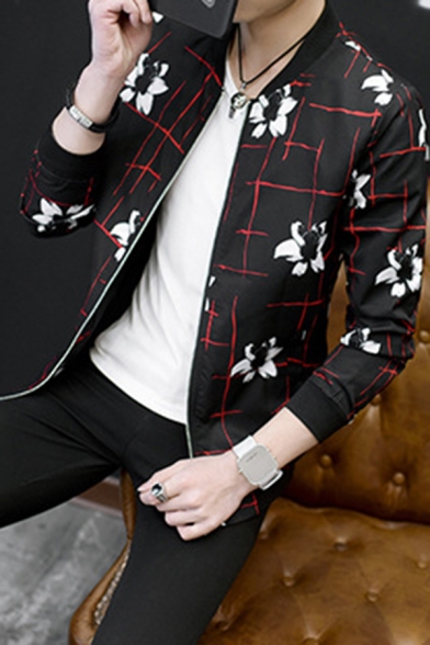Mens Simple Floral Pattern Black Long Sleeve Zip Up Stand Collar Casual Jacket Coat