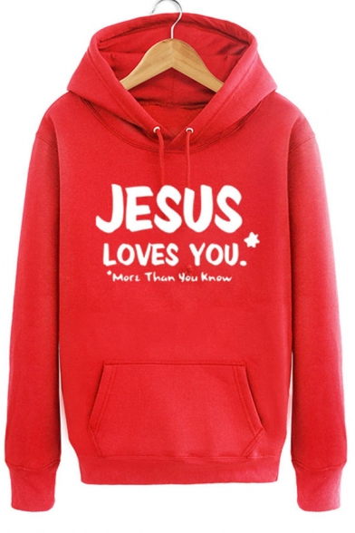 Mens Simple JESUS LOVES YOU Letter Printed Long Sleeve Pouch Pocket Drawstring Hoodie