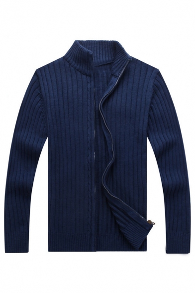 Mens Simple Ribbed Knit Plain Long Sleeve High Collar Zip Placket Fitted Cardigan Coat