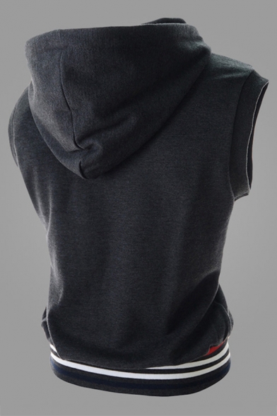 Mens Simple Stripe Printed Sleeveless Zip Up Casual Sports Drawstring Hooded Vest Hoodie