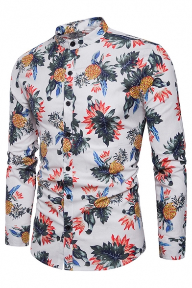 Mens Stylish Pineapple Print Long Sleeve Button Down Slim-Fit Holiday Beach Shirt