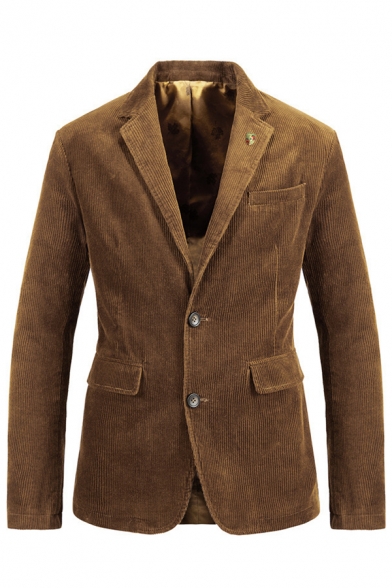 Mens Winter Fashionable Plain Coffee Flap Pocket Double Button Vintage Corduroy Suit