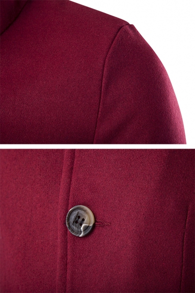 New Simple High Collar Long Sleeve Button Up Plain Tunic Wool Coat for Men