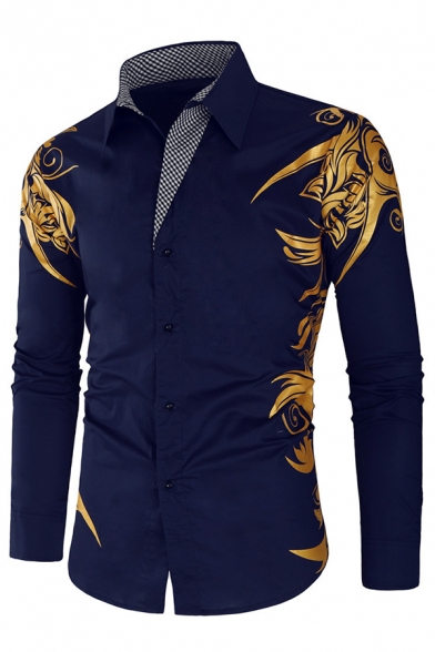 New Trendy Hot Stamping Print Long Sleeves Single Breasted Slim Fitted Retro Shirt