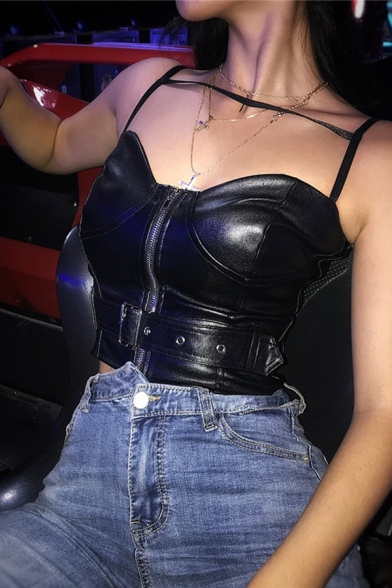 Nightclub Cool Girls' Sleeveless Bandage Zip Front Eyelet Buckle Leather Slim Fit Crop Cami Top in Black