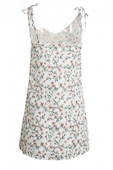 Pretty White Sleeveless Bow-Tied Strap Floral Patterned Slit Side Short A-Line Cami Dress for Cute Girls