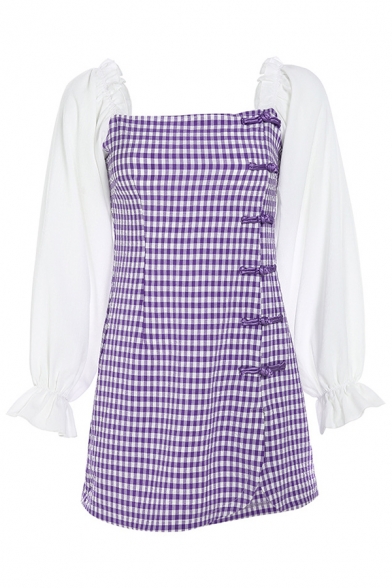 Retro Elegant Colorblock Puff Sleeve Purple Plaid Pattern Square Neck Side Frog Button Mini Dress