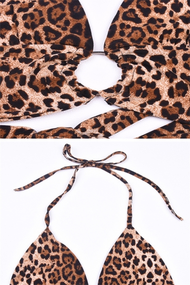 Sexy Ladies Sleeveless Deep V-Neck Halter Tied O Ring Leopard-Printed Open Back Bustier Top in Brown