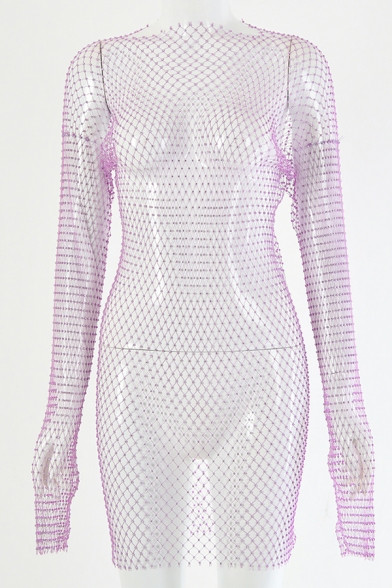 Sexy Plain Long Sleeve Rhinestone Embellished Fishnet Mini Bodycon Dress Beach Cover Up
