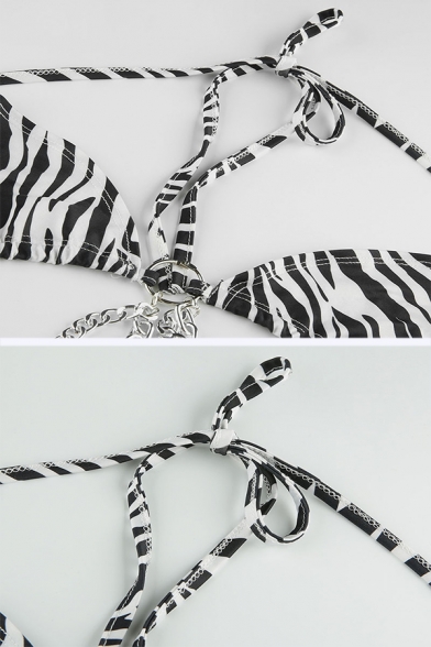 Sexy Women's Sleeveless Halter Zebra Printed O-Ring Chain Tied Back Crop Bikini Top in Black