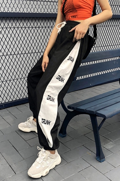Sport Black Elastic Waist Drawstring Letter DRUNK Contrasted Cuffed Ankle Oversize Sweatpants for Female