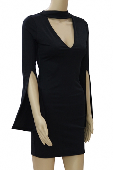 Stylish Dressy Black Detached Sleeve Choker Hollow Mini Bodycon Dress for Party Girls