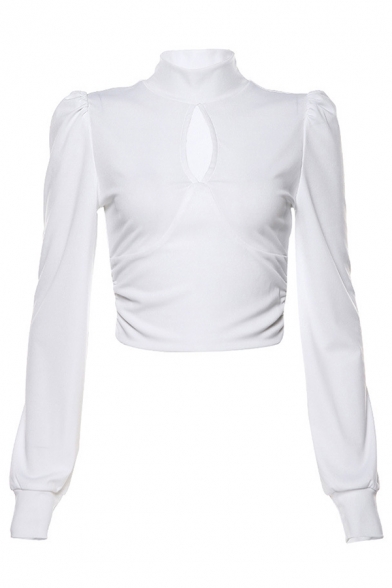 Stylish Girls' Long Sleeve Mock Neck Structured Shoulder Cut Out Plain Slim Crop T-Shirt