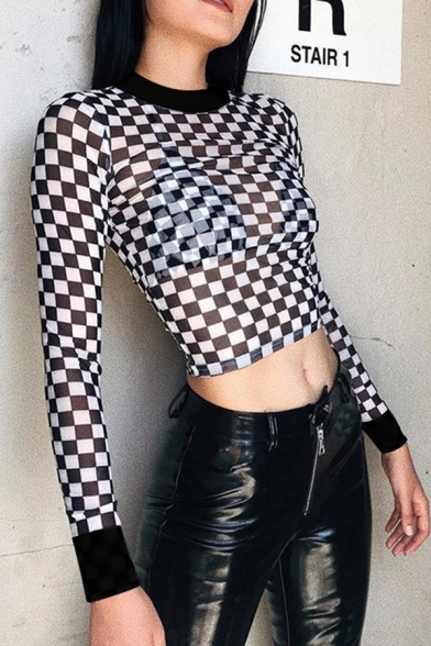 Stylish Women's Long Sleeve Mock Neck Checkered Print Black Mesh Fitted Crop T-Shirt