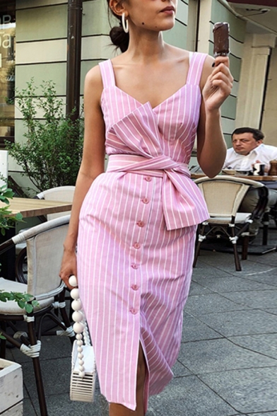 Trendy Cute Ladies' Sleeveless V-Neck Button Down Bow Tie Waist Stripe Pattern Slit Front Mid Sheath Cami Dress in Pink
