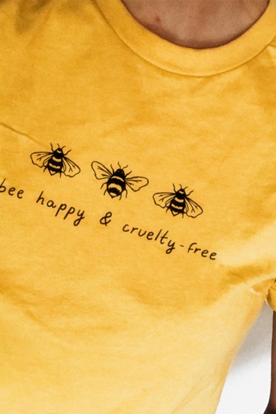 Trendy Letter BEE HAPPY & CRUELTY FREE Printed Short Sleeve Yellow Graphic T-Shirt