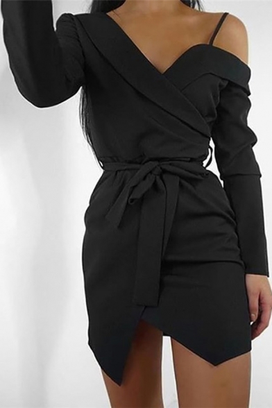 Unique Black Long Sleeve Cold Shoulder Bow-Tied Waist Slit Front Short Wrap Bodycon Dress for Ladies