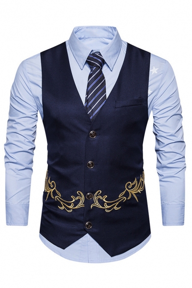 Unique Floral Embroidery Decorated Single Breasted V-Neck Slim Fitted Blazer Vest with Welt Pocket