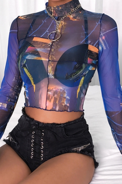 

Unique Long Sleeve Mock Neck Night Scene Print Patched Stringy Selvedge Blue Mesh Sheer Crop T-Shirt for Girls, LM571244