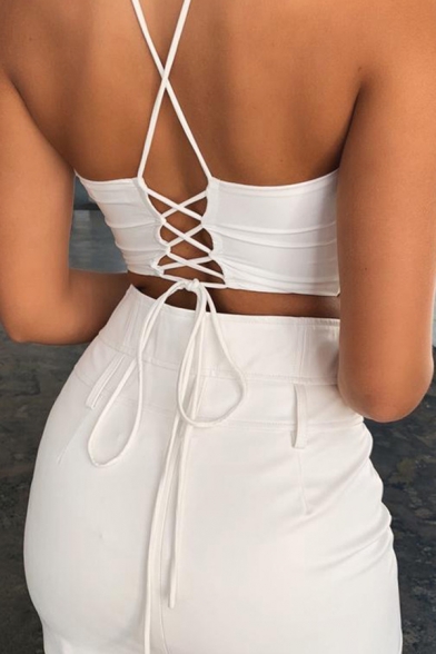 White Sexy Sleeveless Hollow Out Lace Up Slim Fit Crop Bustier for Ladies