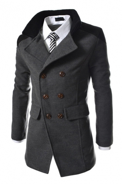 Winter's Warm Stand Collar Double Breasted Woolen Business Overcoat Mens Solid Color Pea Coat