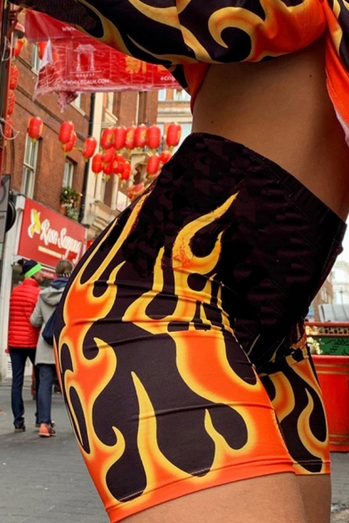 Women's Chic Hot Street High Waist Flame Patterned Stretchy Skinny Shorts for Nightclub