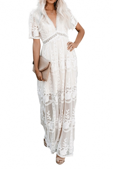 Women's Trendy White V-Neck Short Sleeve Cutout Waist Maxi Holiday Lace Dress