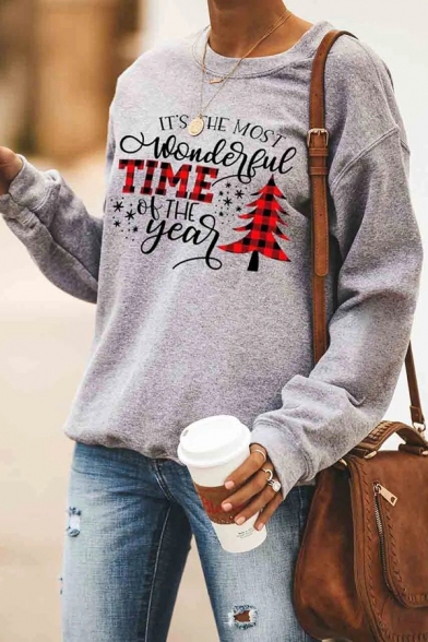 Womens Casual Plaid Patched Letter TIME Christmas Tree Printed Long Sleeve Gray Pullover Sweatshirt