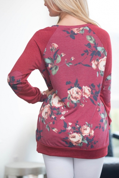 Womens Chic Red Flower Printed Elbow Patch Long Sleeve Pullover Sweatshirt Top