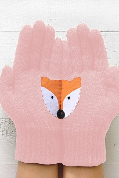 Womens Creative Cartoon Fox Printed Pink Thick Knitted Gloves