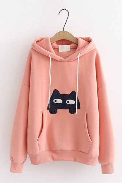 Womens Cute Embroidery Cat Pocket Long Sleeve Loose Thick Drawstring Hoodie