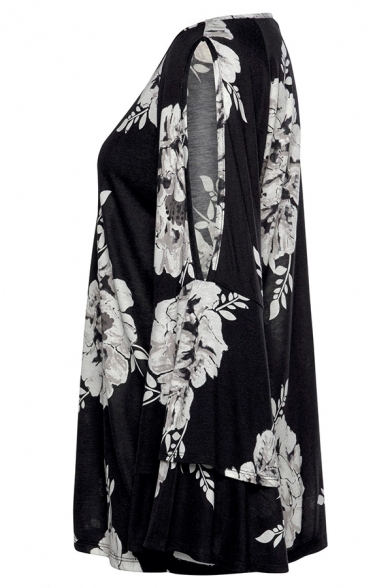 Womens Elegant Flower Printed Keyhole Detail Ruffled Long Sleeve Black Leisure T-Shirt