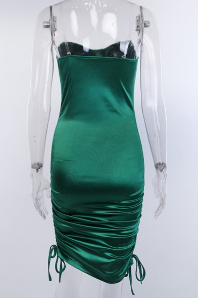 Womens Nightclub Popular Solid Color Green Drawstring Ruched Hem Midi Tube Dress for Party