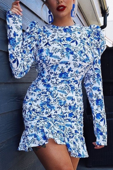 Womens Popular Floral Printed Puff Long Sleeve Backless Ruffle Hem Casual Blue Mini Holiday Dress