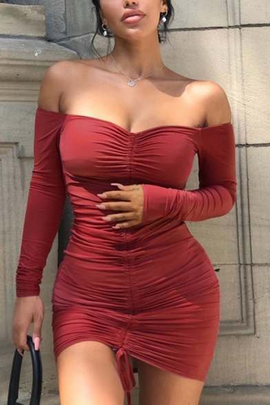 Womens Sexy Party Wear Solid Color Off Shoulder Long Sleeve Drawstring Shirred Front Mini Bodycon Dress